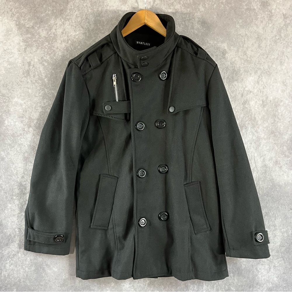 Whatlees Mens Black Overcoat Long Jacket w/ Buttons Pockets & Zippers Sz Medium